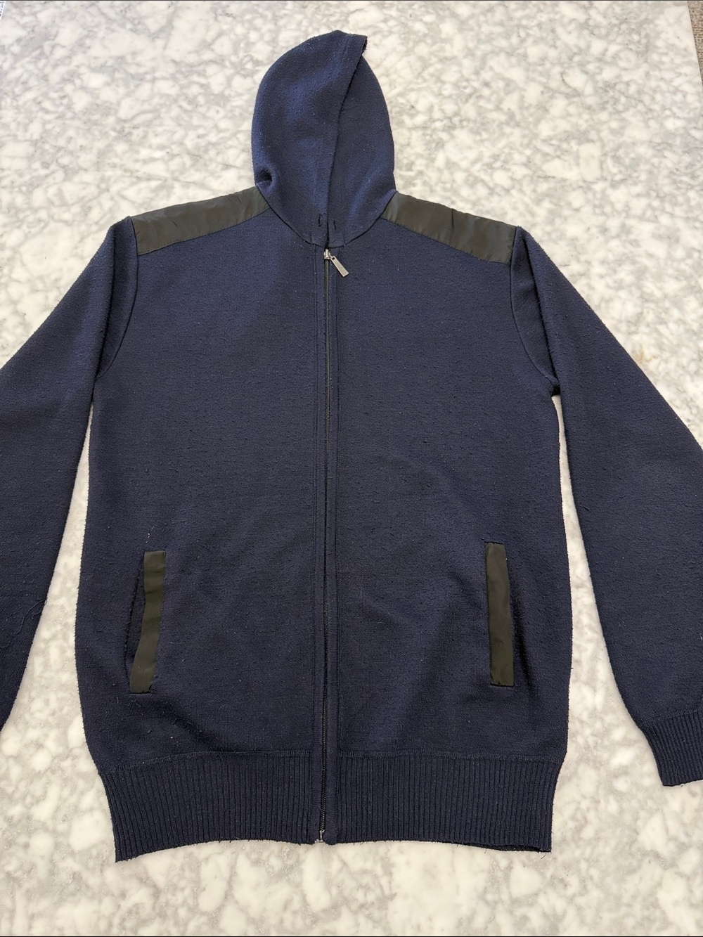 Men's Full-Zip Navy Hooded Sweater with Trim